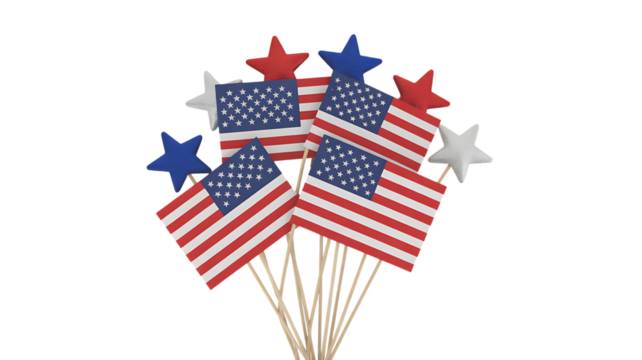 Photo of group of american flags and stars on sticks, isolated on transparent background