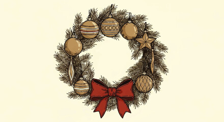 Naklejka premium Hand-drawn Christmas wreath with golden ornaments and a red bow.
