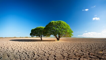 this image beautifully juxtaposes dry earth with vibrant green trees under clear blue skies representing the delicate balance of nature amidst climatic changes and challenges