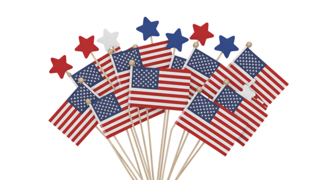 Photo of many american flags and stars on sticks, isolated on transparent background