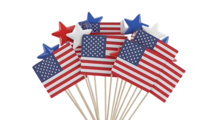 Photo of bunch of small american flags and stars on sticks isolated on transparent background