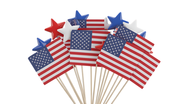 Photo of bunch of small american flags and stars on sticks isolated on transparent background