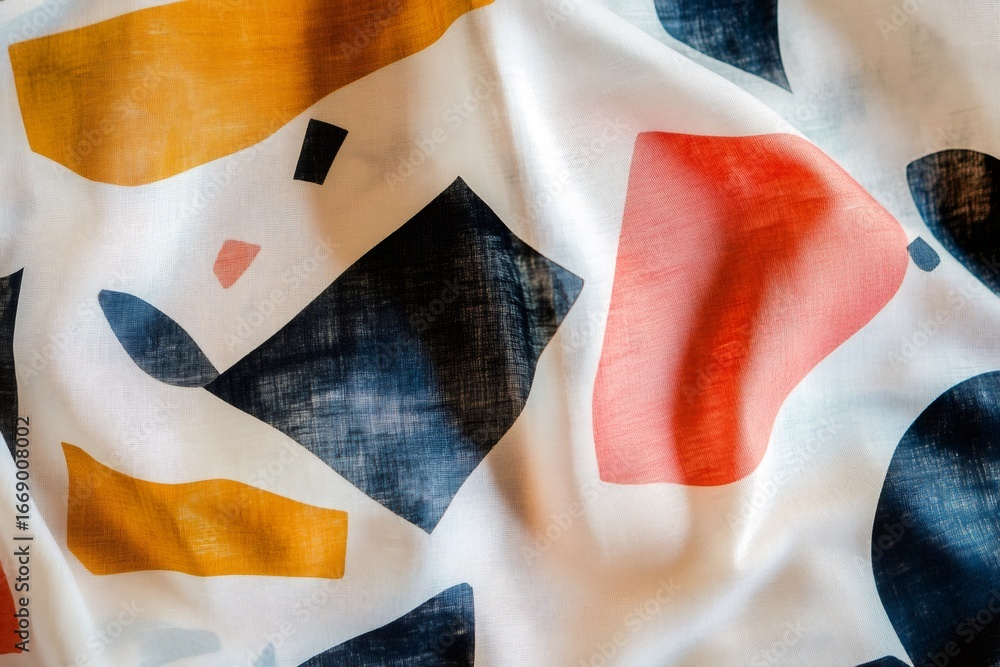 Poster close up of a white fabric showcasing a minimalist and modern pattern of abstract geometric shapes i