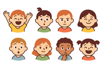 Children's Emotions Grid. Flat vector mini-illustrations adventure emotions in colors children's illustrations: excited child,