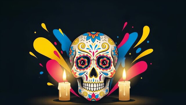 A vibrant sugar skull surrounded by colorful splashes and candles, a festive tribute to the day of the dead celebration hispanic heritage month