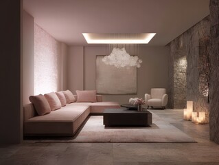 A contemporary living room, bathed in soft pink hues, boasts a sectional sofa, a unique cloud-like chandelier, and a stone accent wall, creating a tranquil and stylish atmosphere.