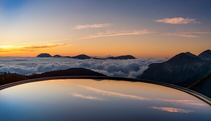 a surreal reflection of mountains in a mirror above soft clouds at sunset