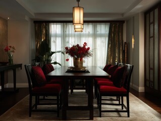 A sophisticated dining room boasts a rich, dark wood table and burgundy chairs, illuminated by elegant pendant lights and adorned with a vibrant floral centerpiece.
