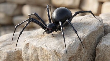 Black, skull-faced spider sits on rough, light-colored stone wall with a blurred background