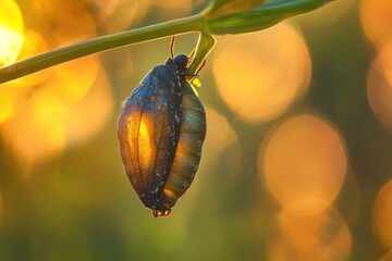 A butterfly chrysalis hangs from a green stem, bathed in the golden light of sunrise, ready for transformation.