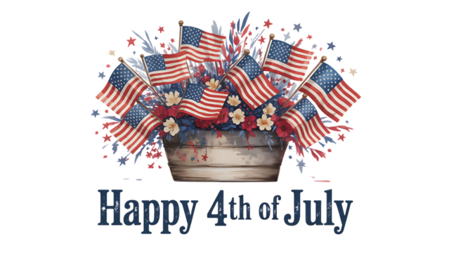 Photo of happy 4th of july text with a bouquet of american flags and stars in a rustic bucket, isolated on transparent background