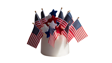Photo of arrangement of american flags and stars in a white vase, isolated on transparent background