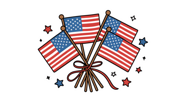 Photo of group of american flags on sticks tied with a ribbon and surrounded by stars, isolated on transparent background