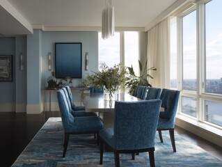 A modern dining room boasts a large, light-blue-toned space with a sophisticated, light-gray rug, a sleek, long, glass-topped table and deep teal blue cushioned chairs.