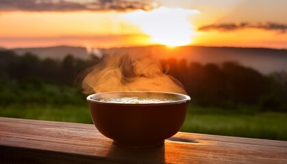 warm soup steaming from a bowl with vibrant colors of sunset in the background