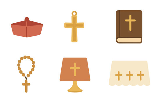 Church Accessories Icons. Flat vector mini-illustrations Church accessories in colors children's illustrations: biretta, zucchetto