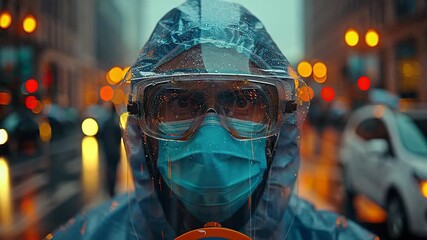 Healthcare worker wearing glasses and safety mask with protective gear standing in city at night
 - Powered by Adobe