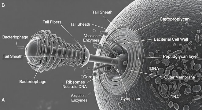 A detailed 3D illustration of a bacteriophage virus infecting a bacterial cell, showing the injection of genetic material through the cell wall