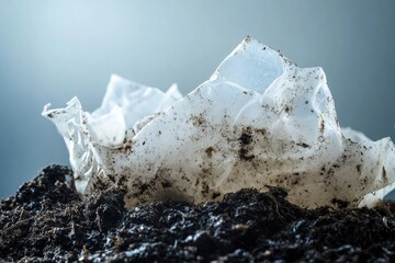 A crumpled piece of plastic nestled within dark soil, showcasing the issue of plastic pollution impacting the environment.