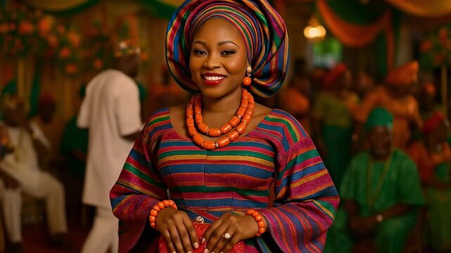 Joyful African Woman in Vibrant Traditional Attire with Gele Headwrap and Beaded Jewelry at Cultural Celebration