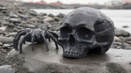 Black skull and spider adorn wet rock against bleak water's edge in neutral light