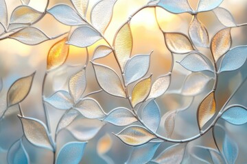 Delicate, textured leaves in shades of blue, silver, and gold intertwine against a soft, blurred background, creating an ethereal and elegant botanical composition.