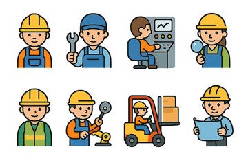Colorful Factory Characters. Flat vector mini-illustrations factory workers in colors children's illustrations: worker with helmet