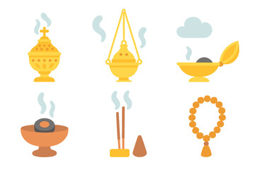 Colorful Incense Icons. Flat vector mini-illustrations censer in colors children's illustrations: ornate censer, hanging thurible,