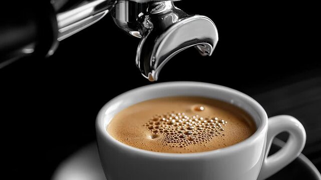 Barista extracts espresso shot from portafilter into white coffee cup. Dark background enhances contrast and highlights rich crema. Concept of coffee culture, caf&eacute; experience, barista training