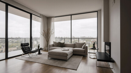 Obraz premium A contemporary minimalist living room featuring sleek furniture and large windows, emphasizing simplicity and natural light