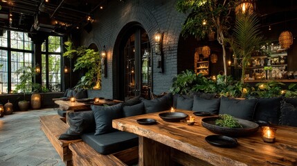 Dark, lush indoor patio with wood and greenery