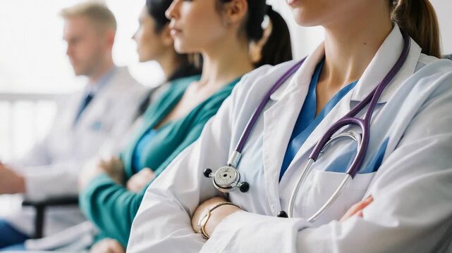 Diverse medical team in a row wearing lab coats with stethoscopes in a hospital setting