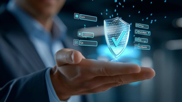 Man confidently holds a holographic shield with checkmark symbol indicating cybersecurity. Professional setting in dark corporate office. Concept of tech companies, cybersecurity, digital protection