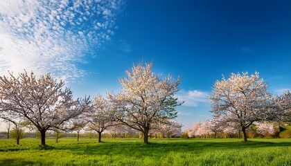 Obraz premium vibrant springtime scenery bursts with enchanting sight of blossoming trees endless azure skies and invigorating pulse of life rejuvenation
