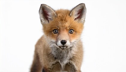Fototapeta premium adorable red fox cub stands alert against a clean white backdrop its bright eyes and fluffy fur capturing the wild beauty of wildlife ai generated images