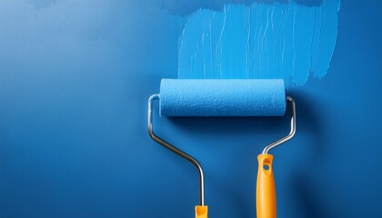 Obraz premium painting a bright blue wall with a roller