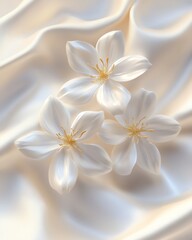Obraz premium three white flowers with five petals each are arranged on top of a softly draped material,3D soft pop.