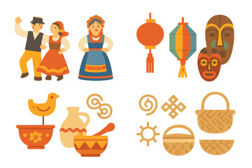 Cultural Traditions Grid. Flat vector mini-illustrations tradition in colors children's illustrations: folk dancers, traditional