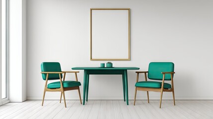 Teal colored chairs and a table in a modern room.