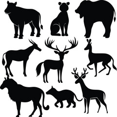 A vector collection of wild and farm animal silhouettes including dogs, horses, cats, and deer