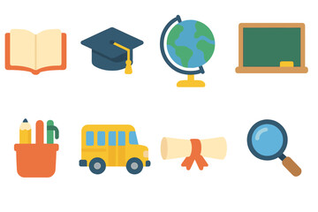 Educational Icons Grid. Flat vector mini-illustrations potential and education in colors children's illustrations: open book,