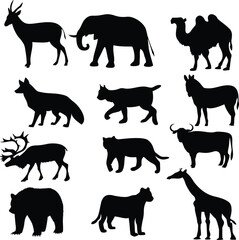 A black vector collection of wild animal silhouettes including a deer, dog, cat, and horse