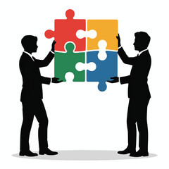 Teamwork solving a business challenge, two professionals connecting puzzle pieces for success, collaboration concept.