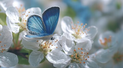 Vibrant blue butterfly rests delicately on a cluster of white blossoms