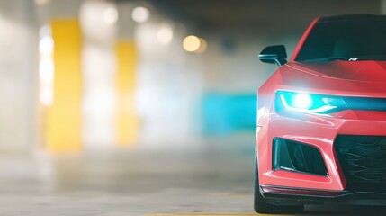 Bright red sports car parked in a modern underground garage during daytime
