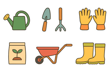 Garden Tools Icons. Flat vector mini-illustrations vegetable garden tools in colors children's illustrations: watering can, trowel