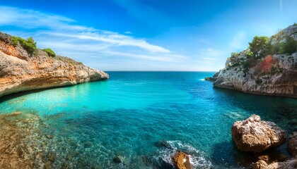 Fototapeta premium a serene secluded cove with turquoise waters surrounded by rugged cliffs the calm shallow waves invite relaxation while the sun shines brightly overhead