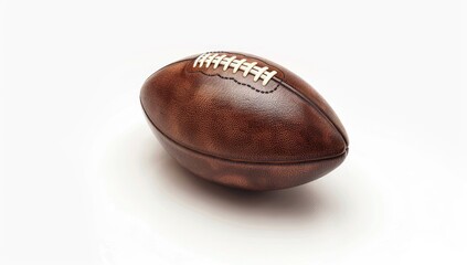 A brown leather American football rests on a stark white background, its laces prominently displayed, exhibiting a slightly worn and aged texture.  The lighting is even,