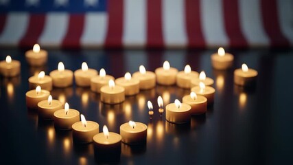 Heart-shaped candles with an American flag background, memorializing remembrance, unity, and patriotism with warm, flickering candlelight.