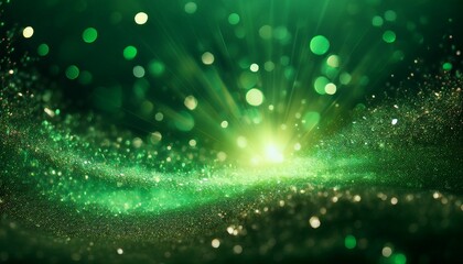 stunning sparkling particles abstract background with glitter burst and green bokeh glow effect